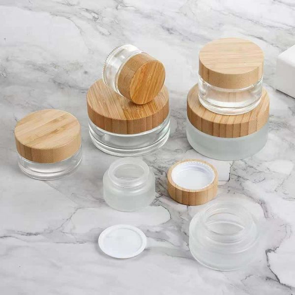 15ml-200ml frosted glass bottle with bamboo lid cosmetic bottle wood grain lid transparent pure bamboo rotary lid