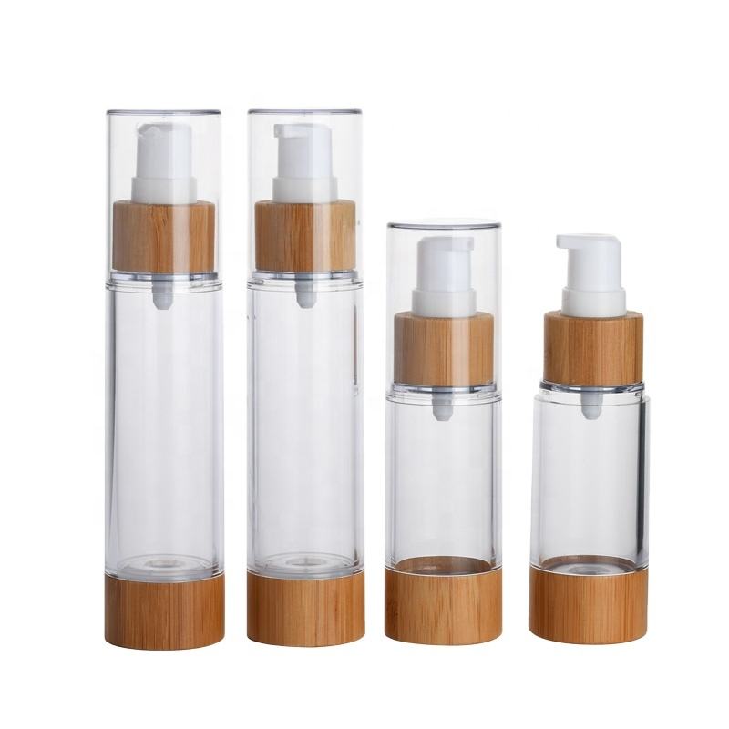 PP empty clear bamboo lotion spray bottle bamboo pump cap