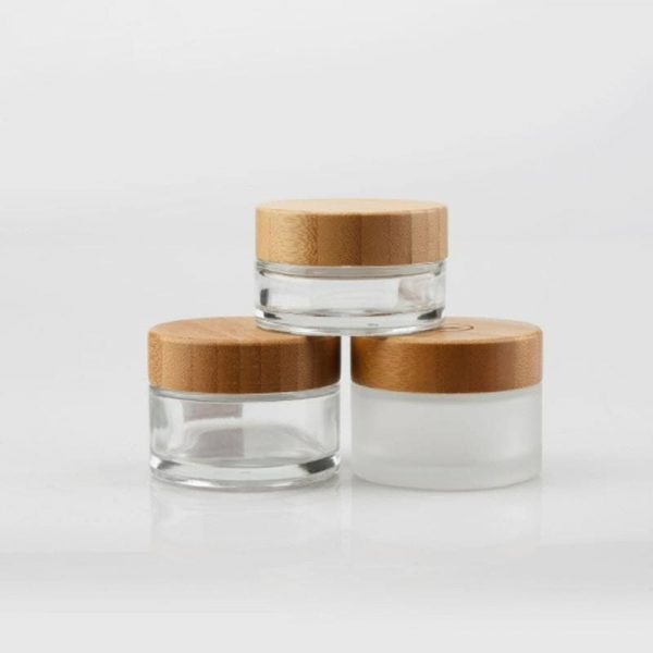 15ml-200ml frosted glass bottle with bamboo lid cosmetic bottle wood grain lid transparent pure bamboo rotary lid